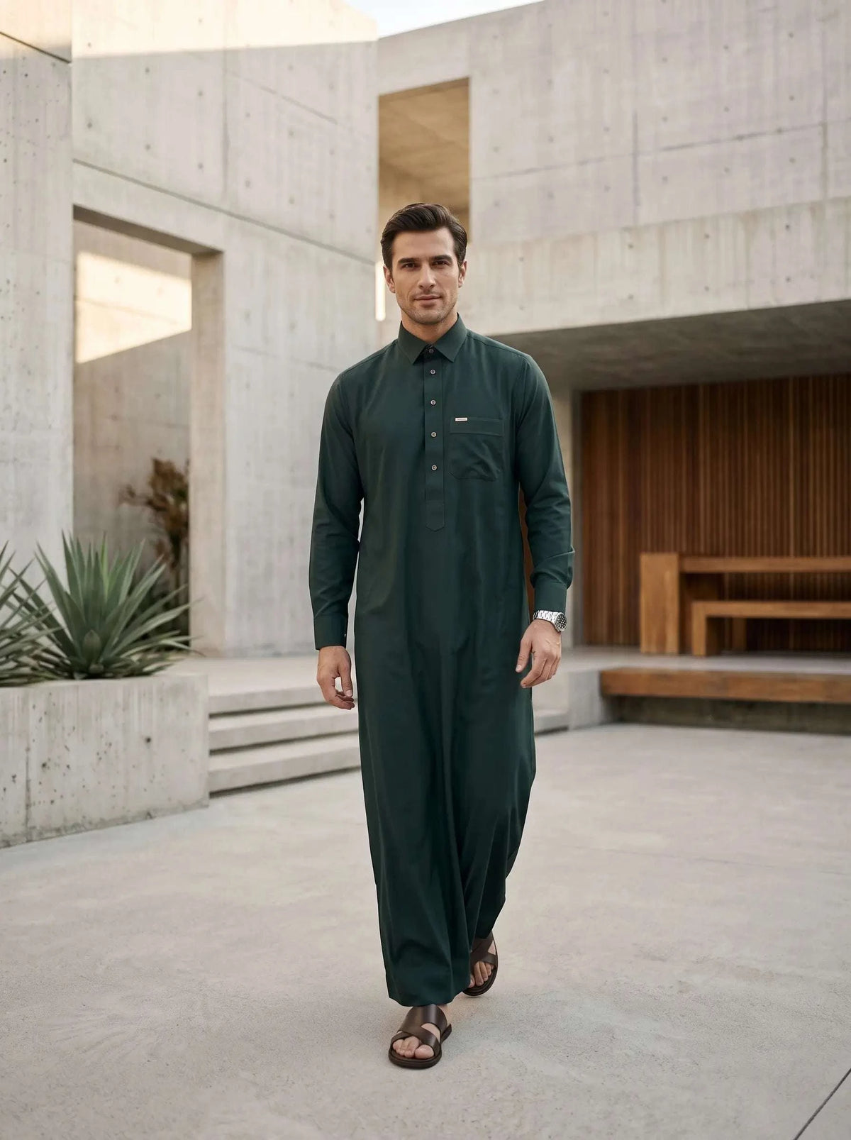 Forest green executive thobe with shirt collar for men, full front view