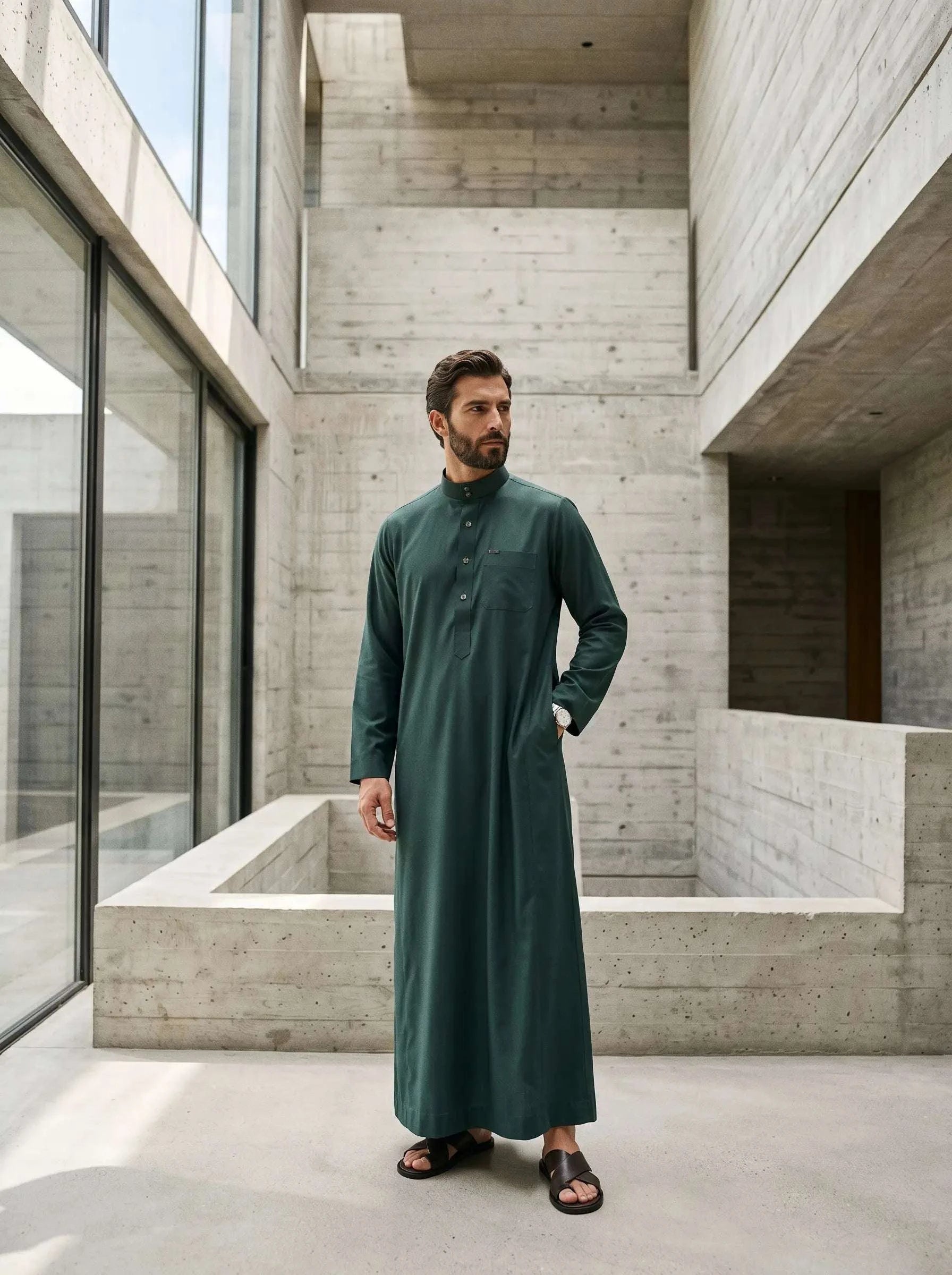 Forest green minimalist thobe for men, shown from the front