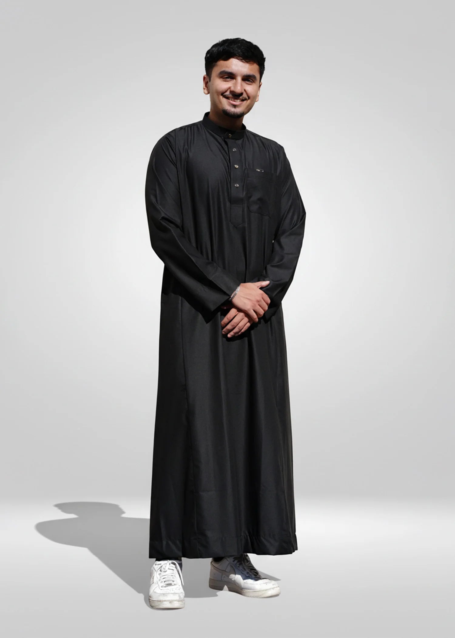 Mandarin Collar Close Up, Clean Finish, Simple Black Design.