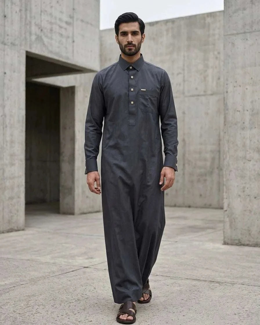 Graphite grey executive thobe with shirt collar for men, full front view