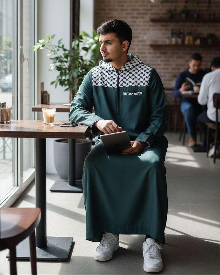 Green Palestinian hoodie thobe with Kufiya pattern for men, embroidery shown in close detail