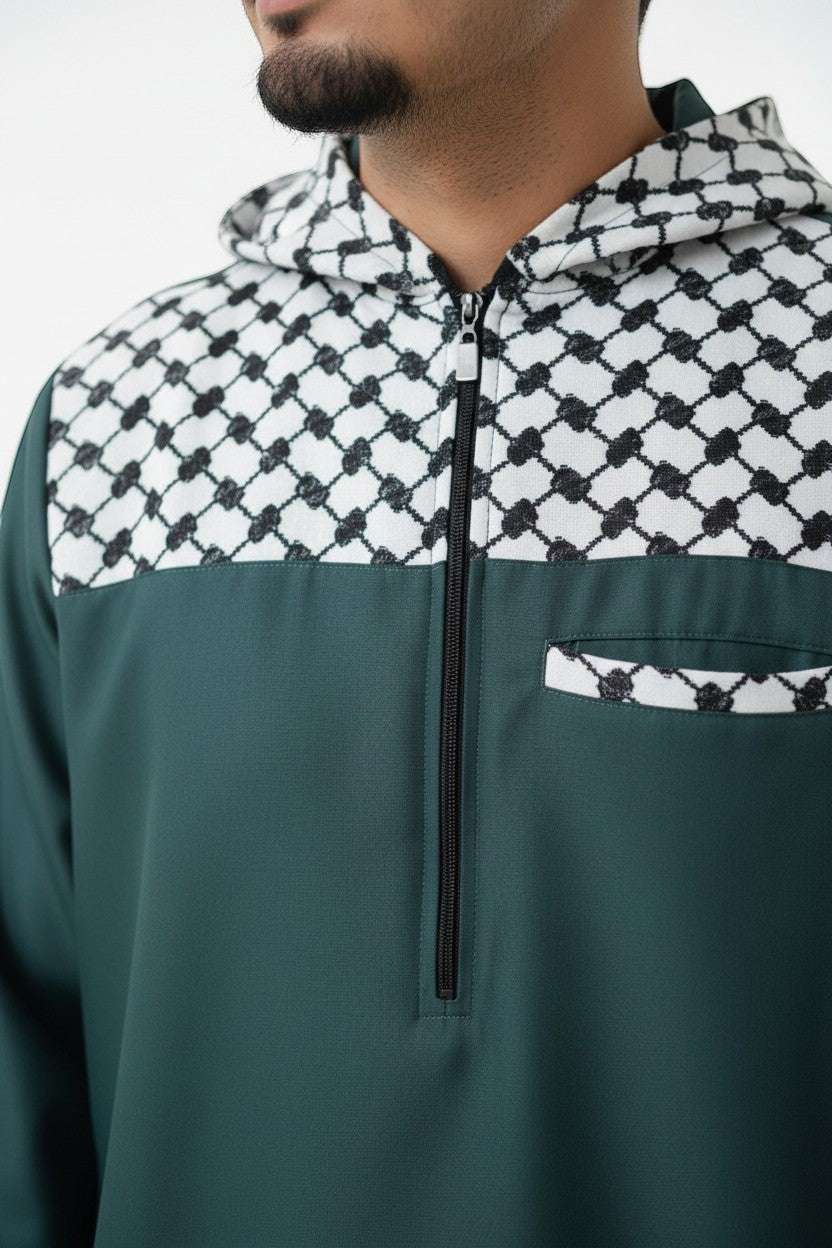 Green Palestinian hoodie thobe with Kufiya pattern for men, detail of the stitched seams