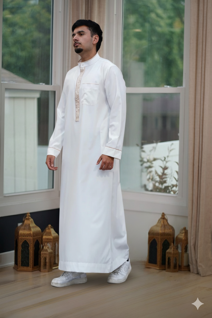 Back view of the Fancy Embroidered Thobe, emphasizing optimal fabric drape and fit for Texas weather.