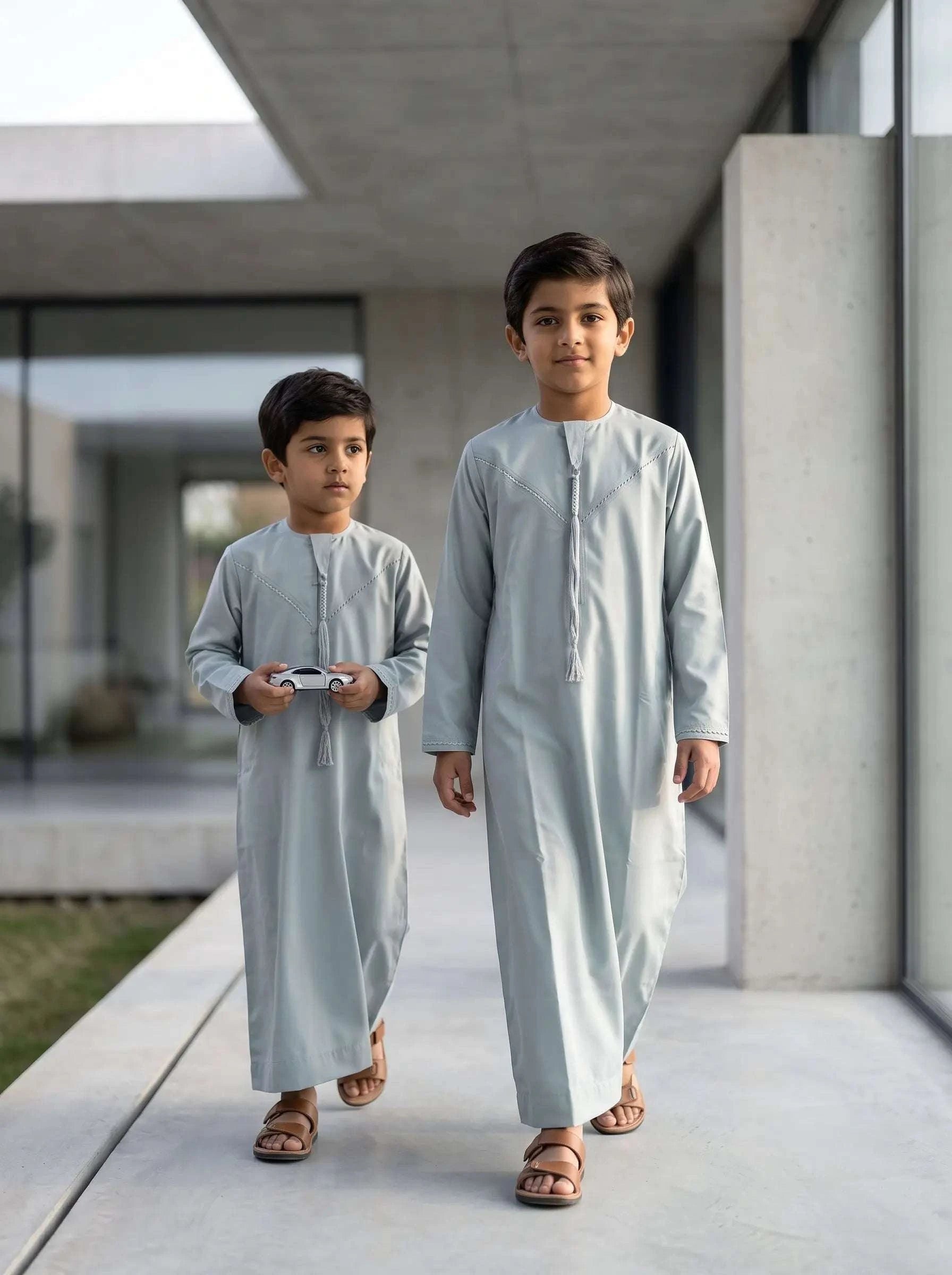 Ice blue Emirati thobe for boys, full front view