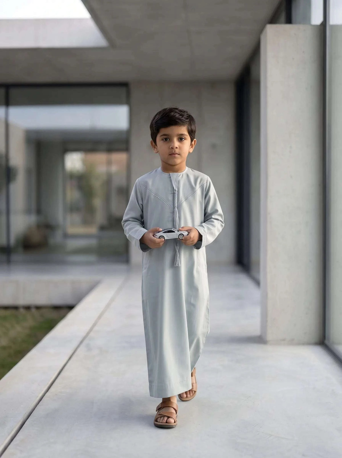 Ice blue Emirati kandura for boys, shown from the front