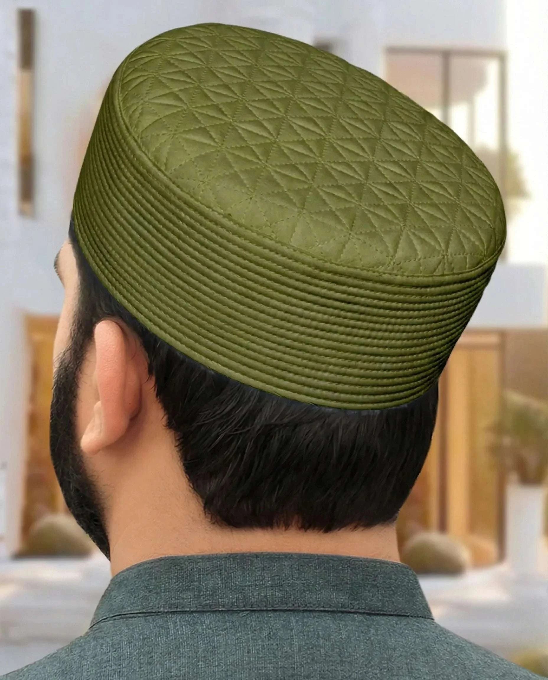 Olive diamond quilt kufi prayer cap for men, showing the crown shape