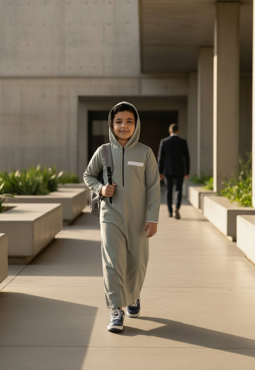 Boy standing on a modern balcony at dusk wearing a sleek light grey hoodie-style thobe. Contemporary Islamic kids apparel, premium modest lifestyle, and comfortable everyday boys jubba.