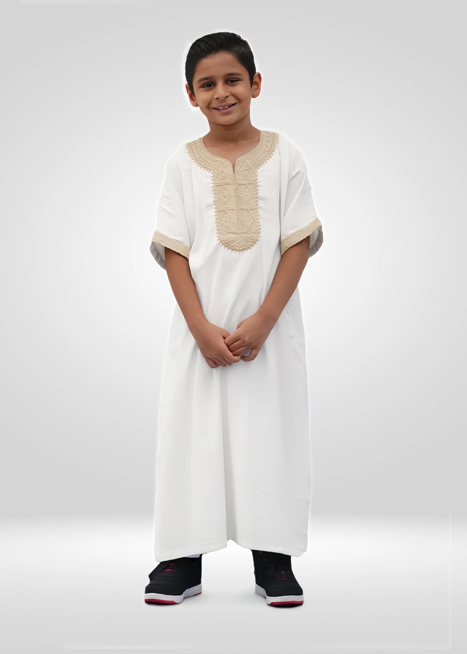 Back view of the White/Gold Moroccan Kids Thobe highlighting the clean, bright silhouette