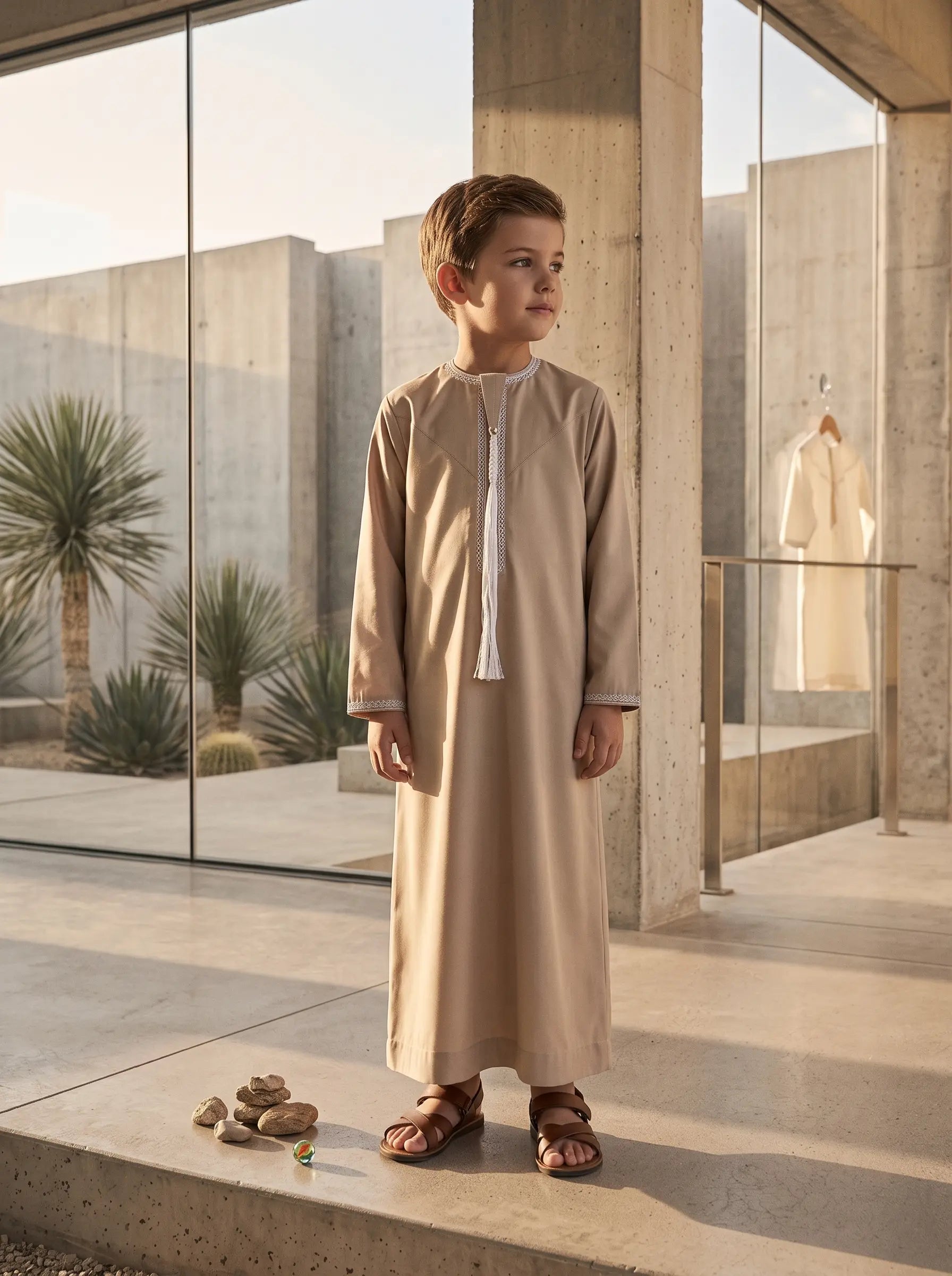 Premium Camel Emirati Thobe for Kids with Tarboush