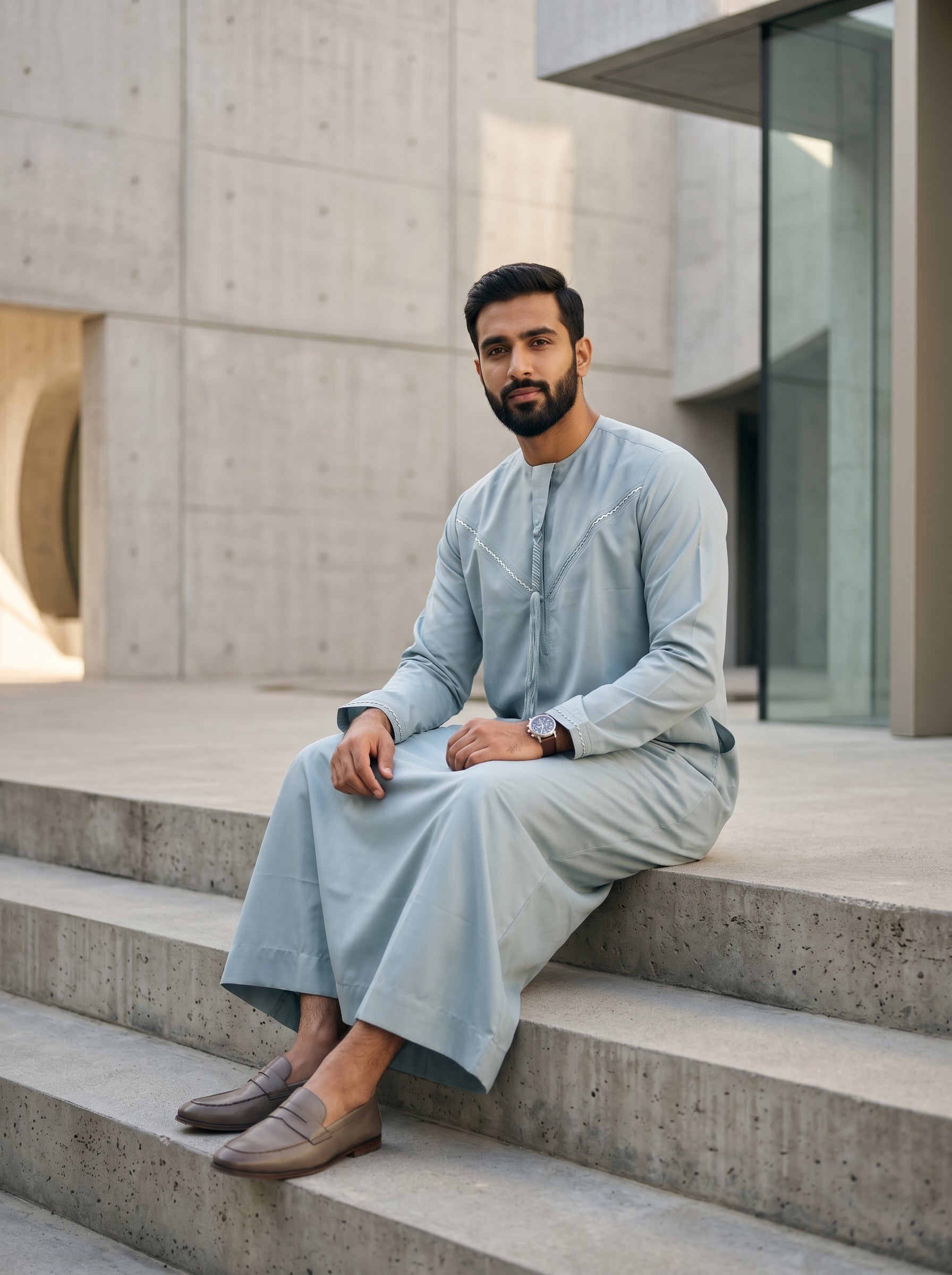 Premium light blue men's thobe with chest embroidery, luxury modest fashion, comfortable Friday prayer clothes, stylish Muslim men's apparel, high-quality Moroccan jubbah, designer Islamic garments, affordable Sunnah clothing.