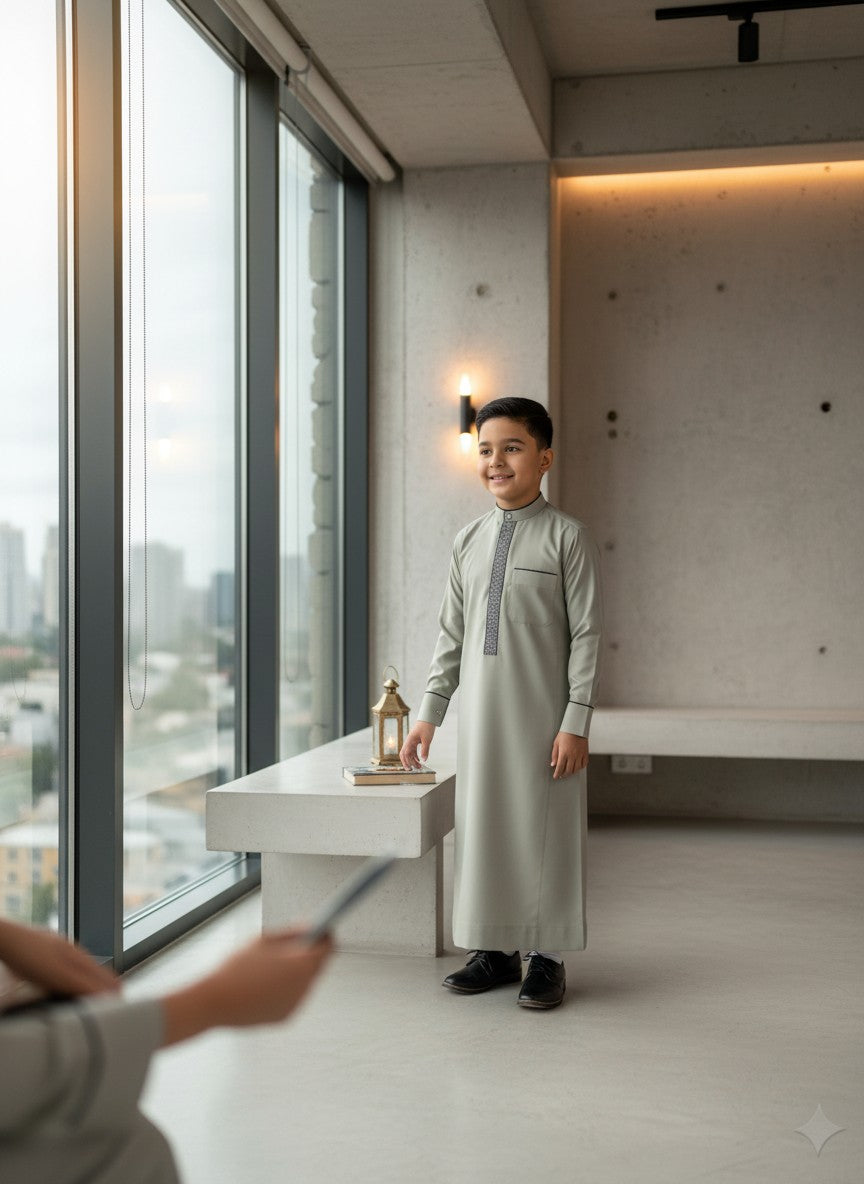 Muslim boy raising his hands in Takbeer for Salah on a prayer mat, wearing a beautiful light grey embroidered thobe. Spiritual kids lifestyle, modern Jumuah outfits, and highly refined Islamic clothing for boys.