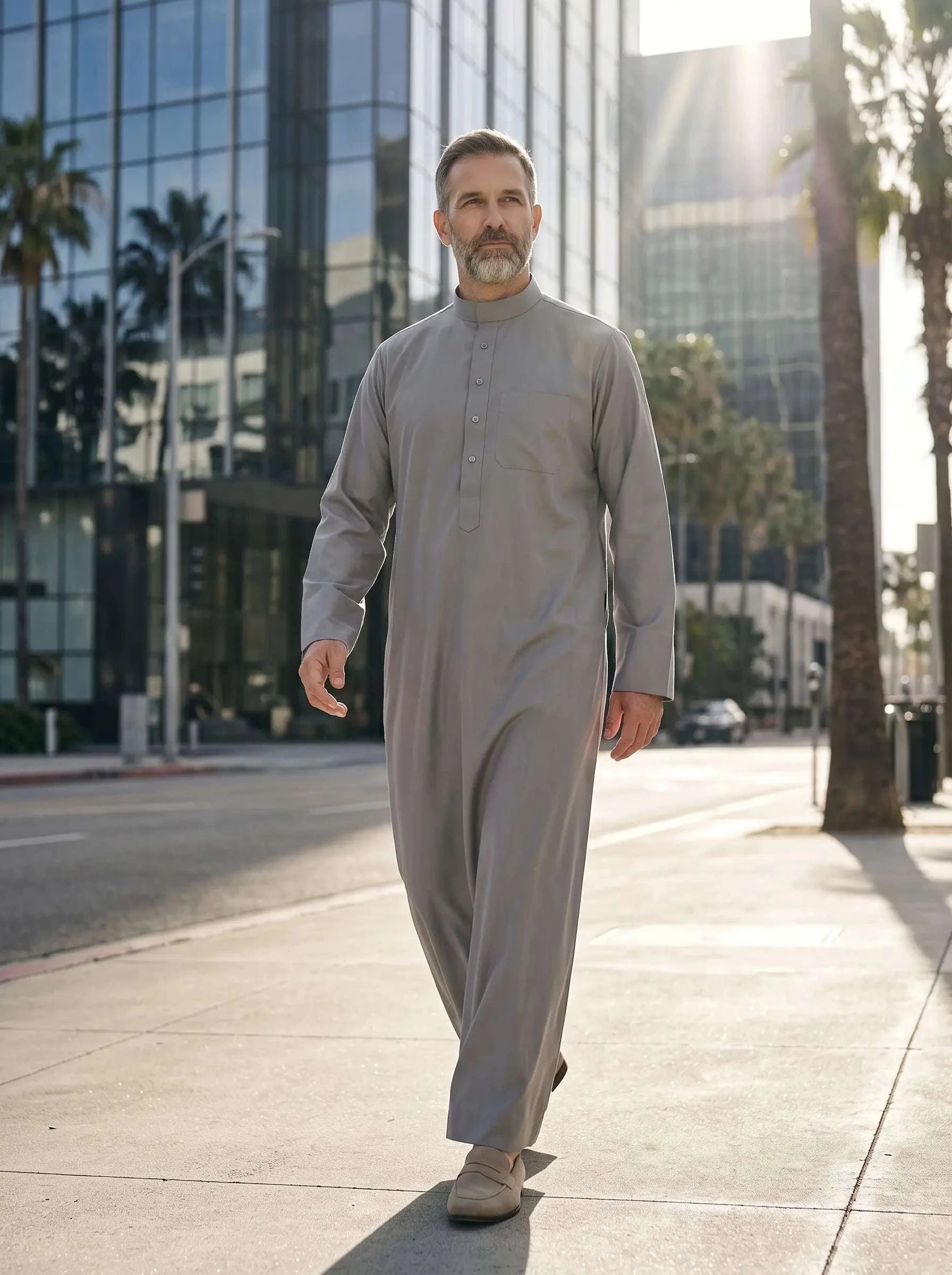 Light grey minimalist thobe for men, full front view