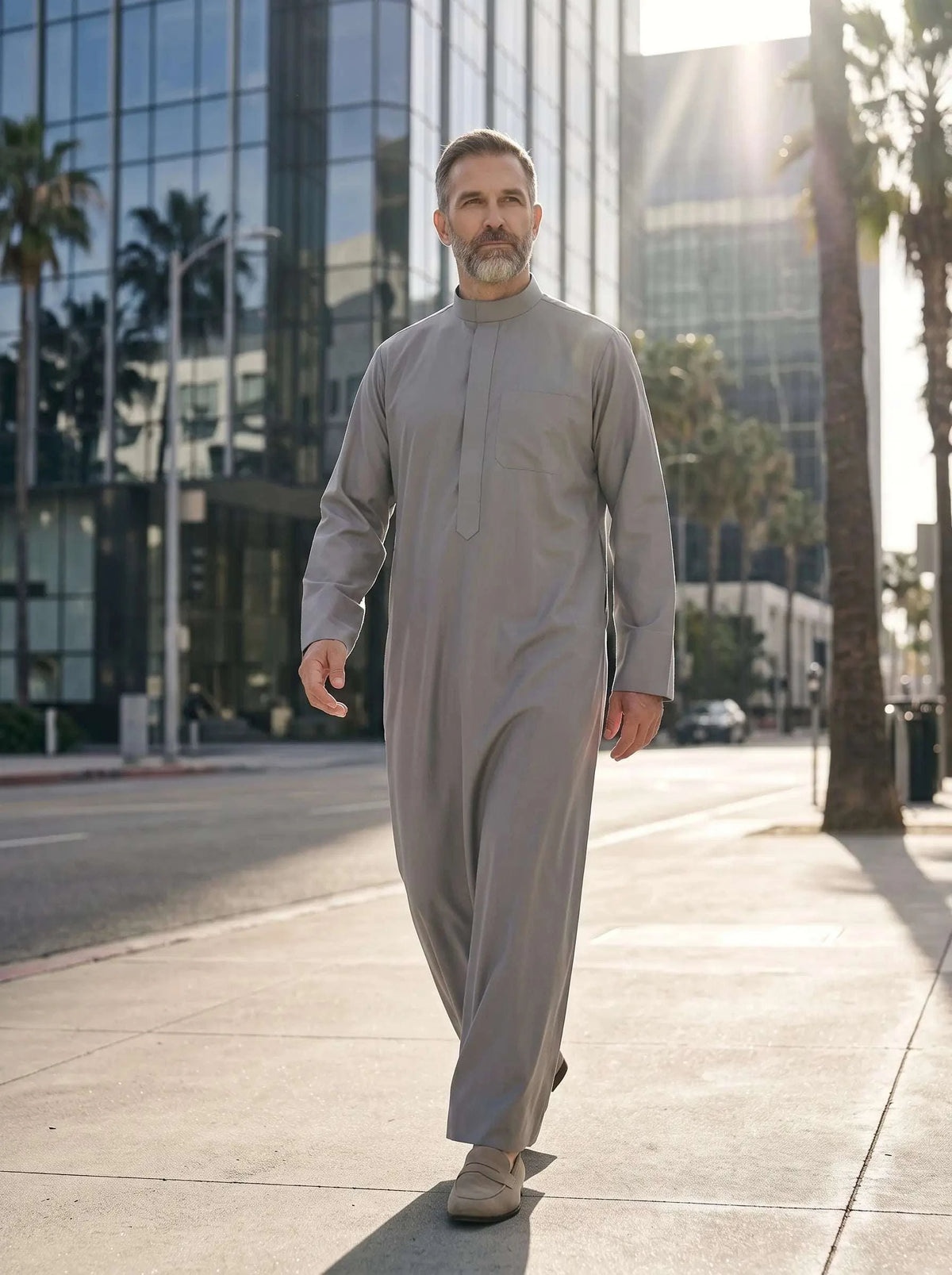 Light grey minimalist thobe with hidden placket for men, full front view