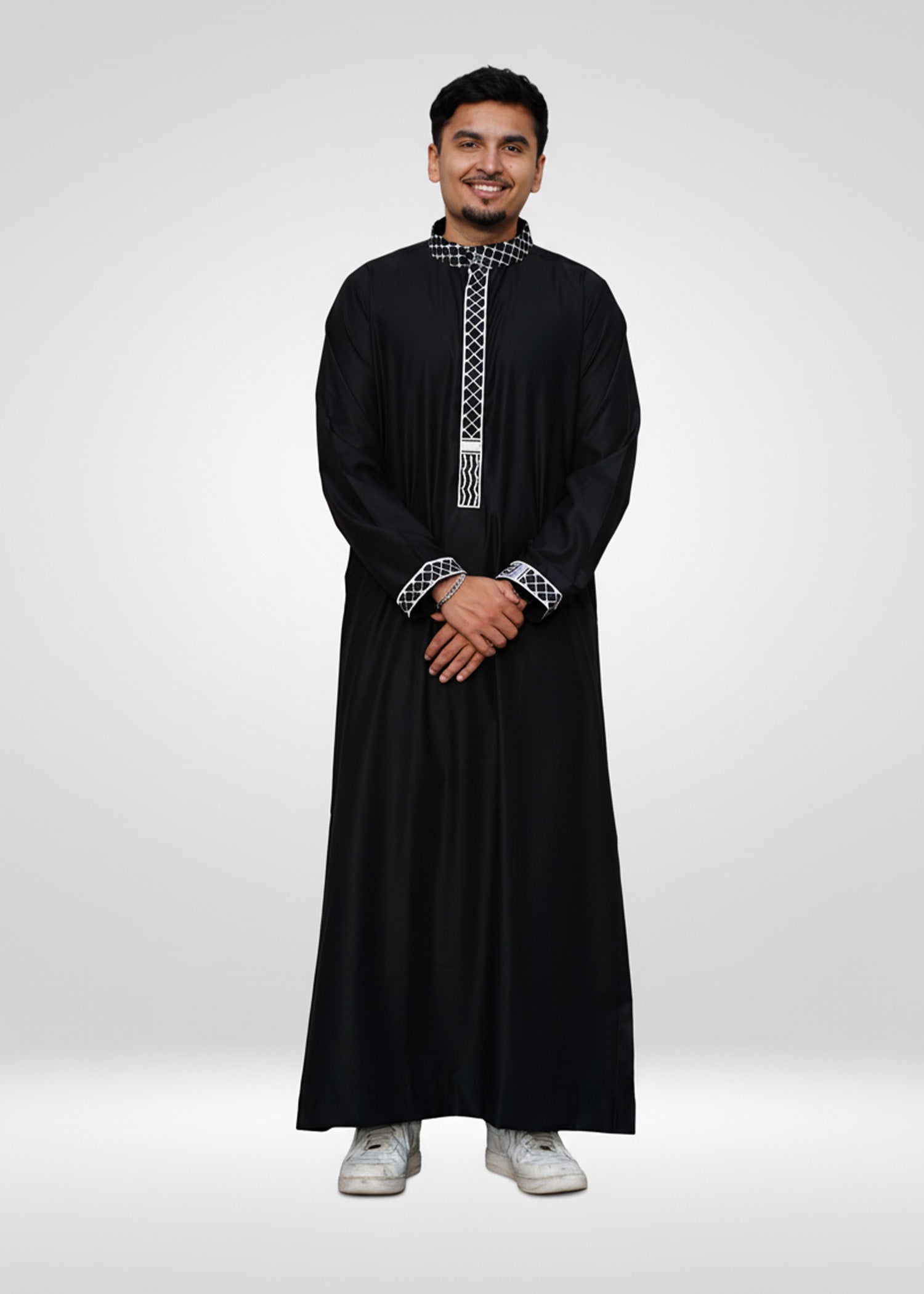 Front view of the Men's Black Palestine Embroidered Thobe showing the sleek fabric and iconic kufiya details