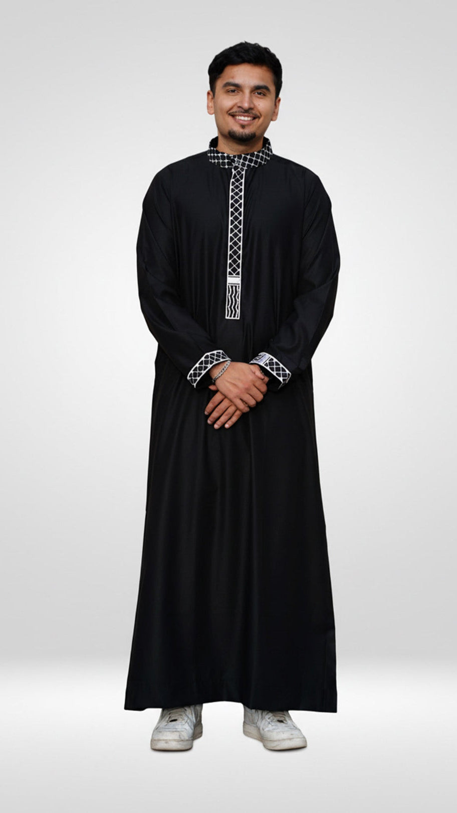 Front view of the Men's Black Palestine Embroidered Thobe showing the sleek fabric and iconic kufiya details