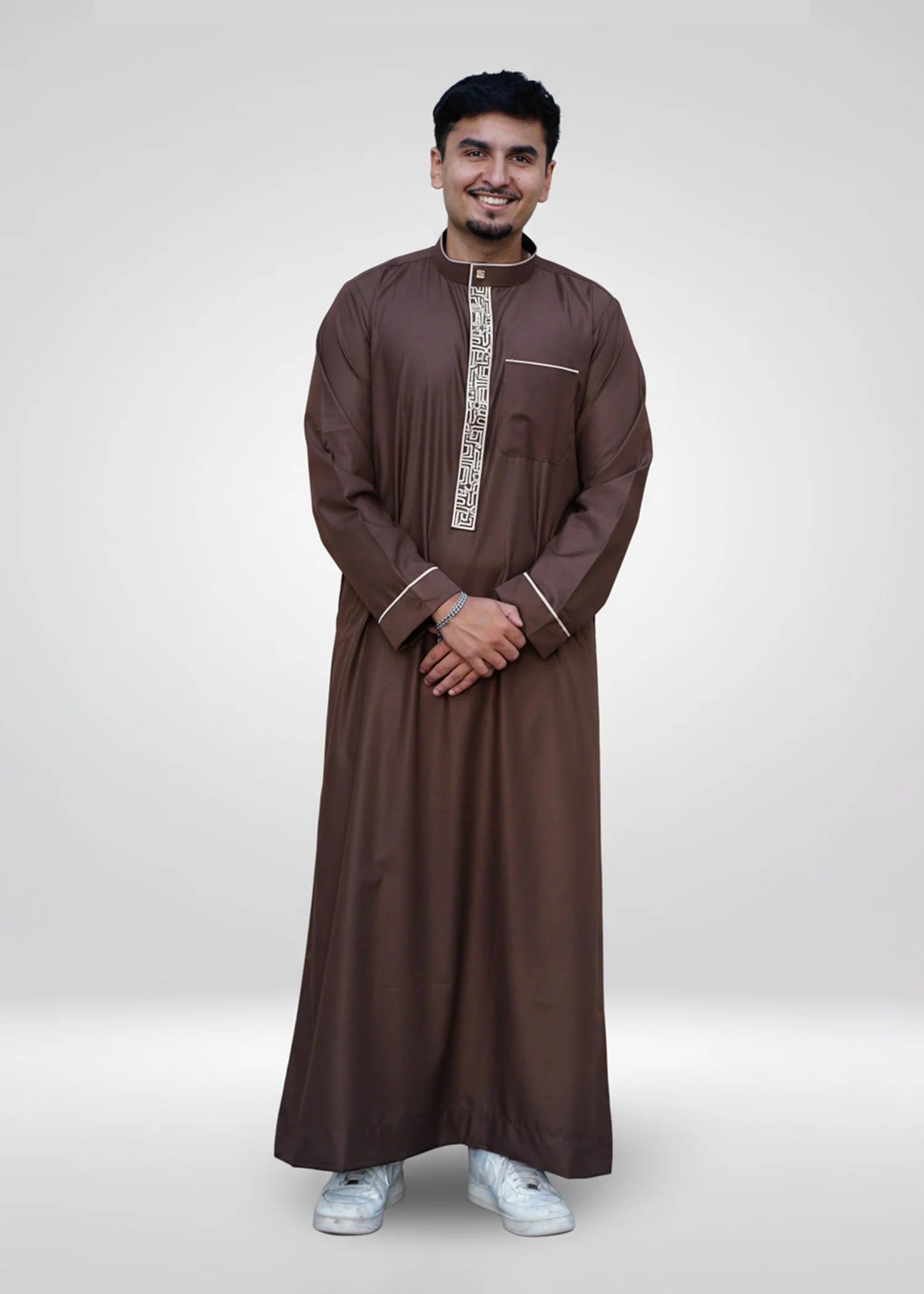 Full view of Luxury Brown Thobe, essential Formal Attire for men in Georgia, US market.