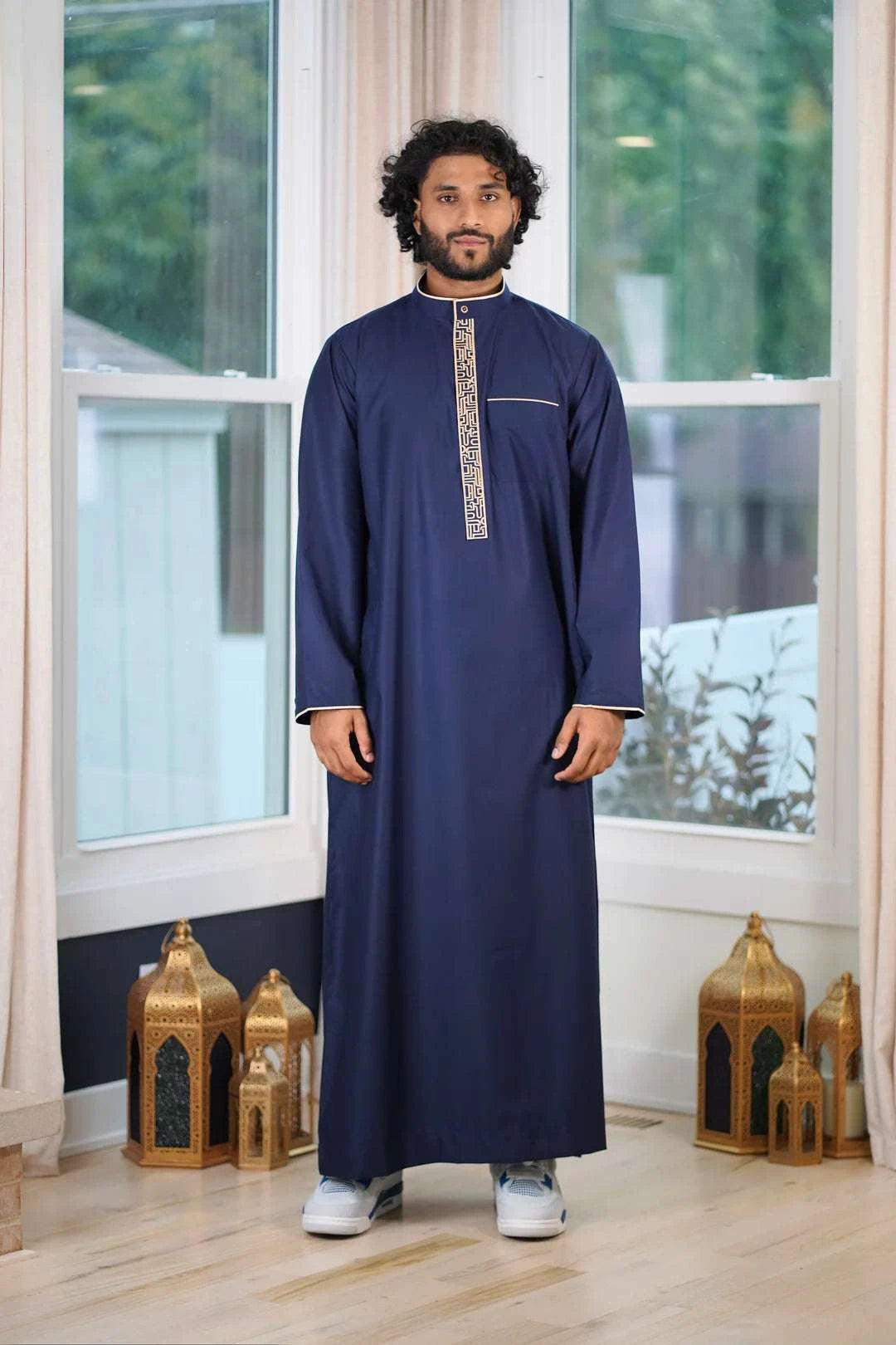 Front view of the Navy Blue & Beige Embroidered Thobe showing the deep color and intricate placket