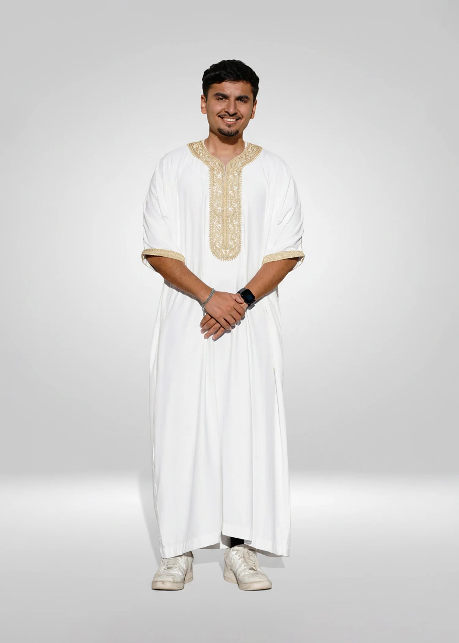 Front view of the White & Gold Moroccan Thobe showing the crisp color and relaxed fit
