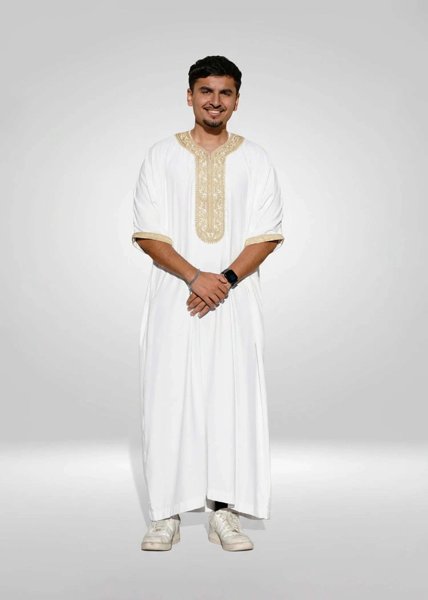 Front view of the White & Gold Moroccan Thobe showing the crisp color and relaxed fit