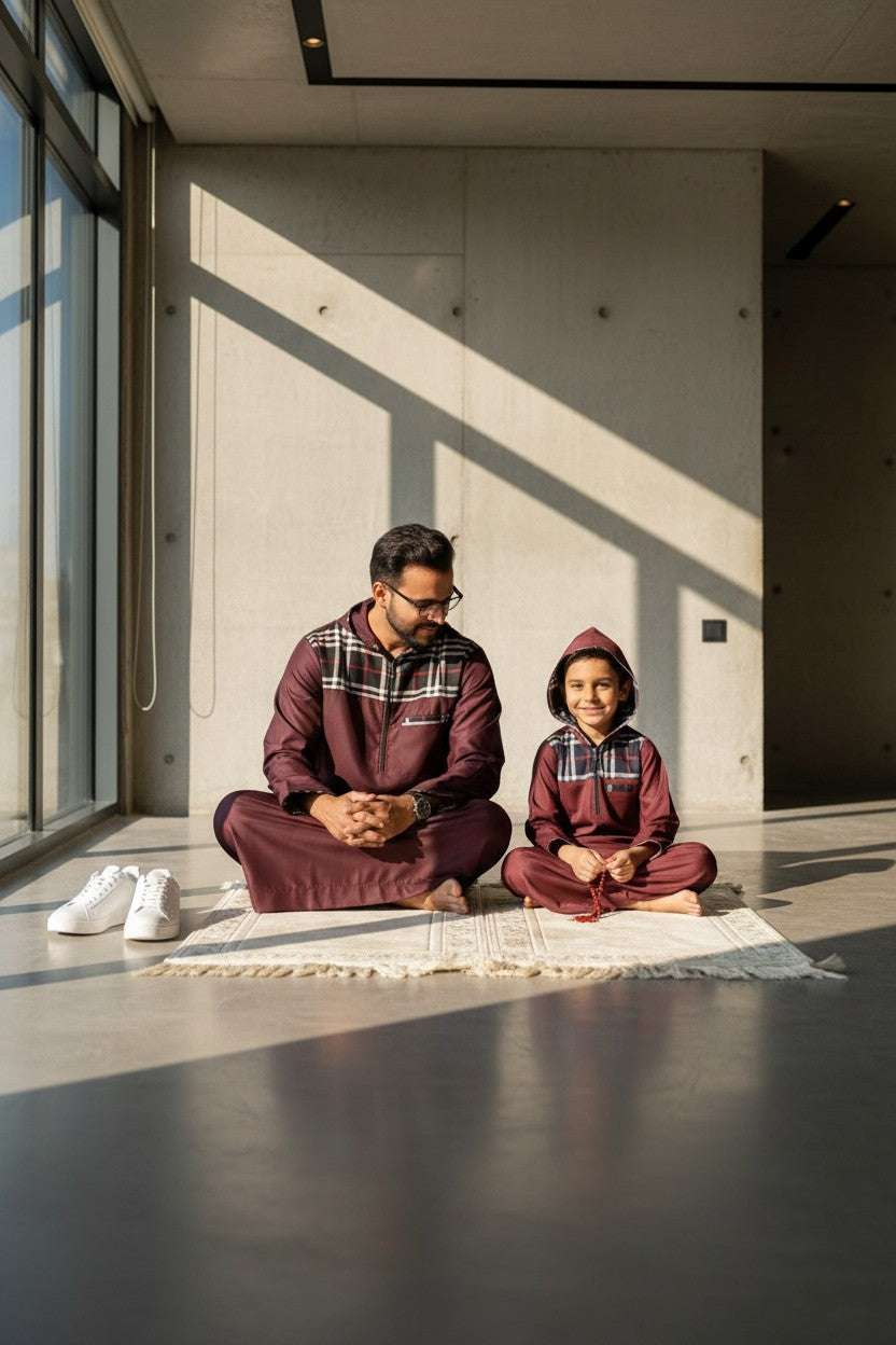 Maroon checkered hoodie thobe for men and boys, showing the length and sleeve line