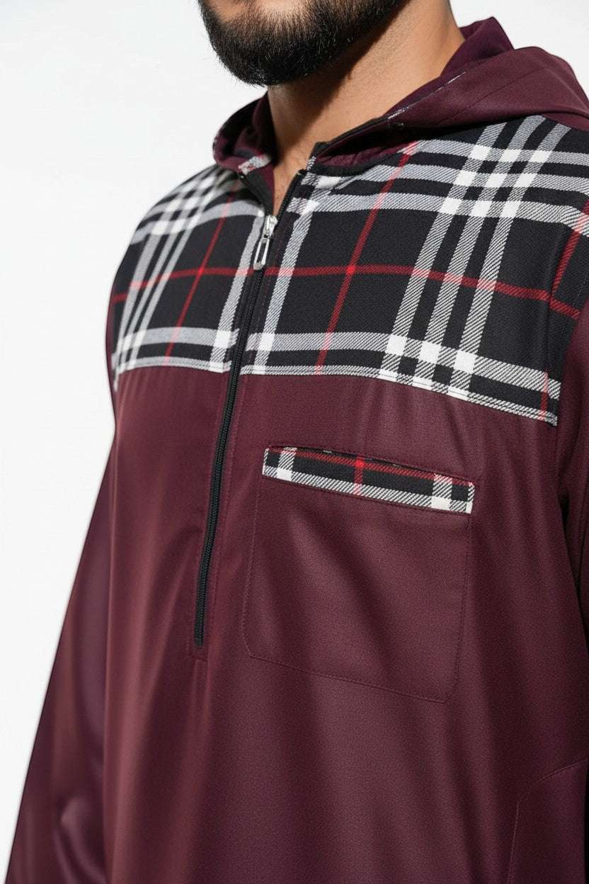Maroon checkered hoodie thobe for men and boys, detail of the stitched seams