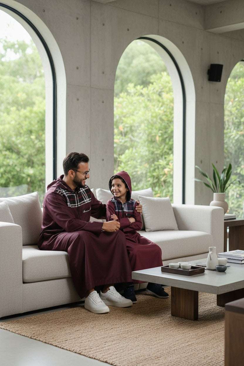 Maroon checkered hoodie thobe for men and boys, stitched pattern in close detail