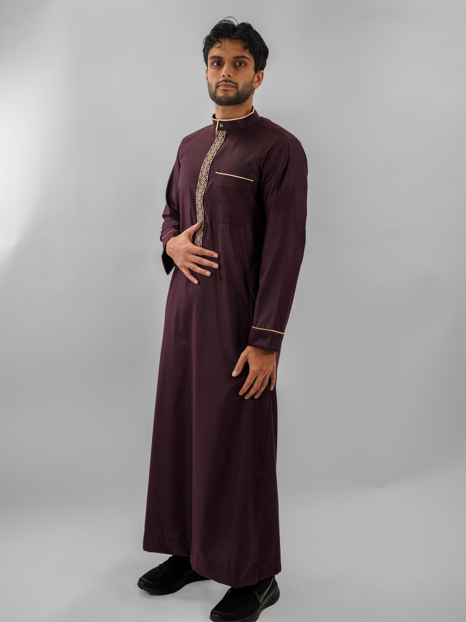 Maroon executive bronze embroidery thobe for men, back view