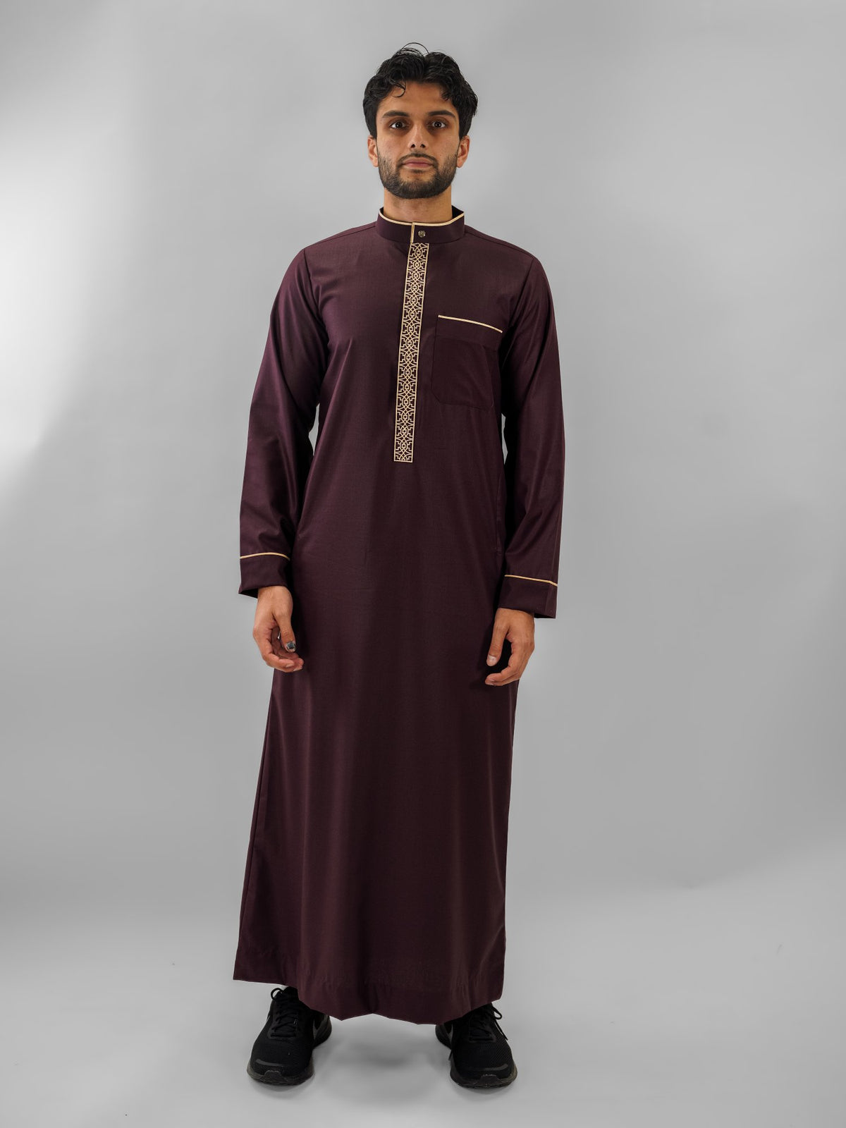 Maroon executive bronze embroidery thobe for men, full front view