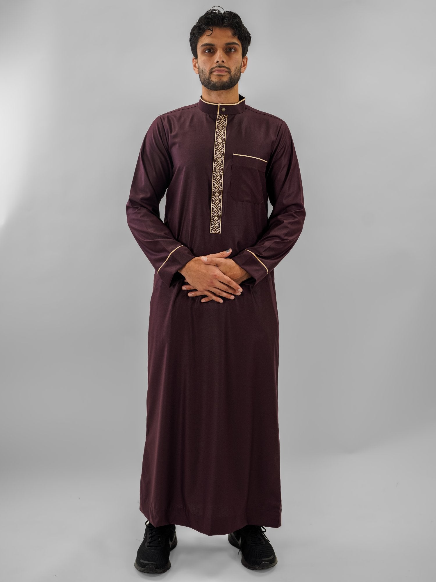 Maroon executive bronze embroidery thobe for men, side profile view