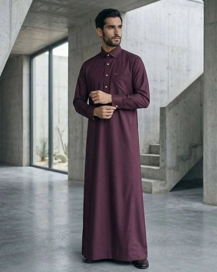 Maroon executive thobe with shirt collar for men, showing the length and sleeve line