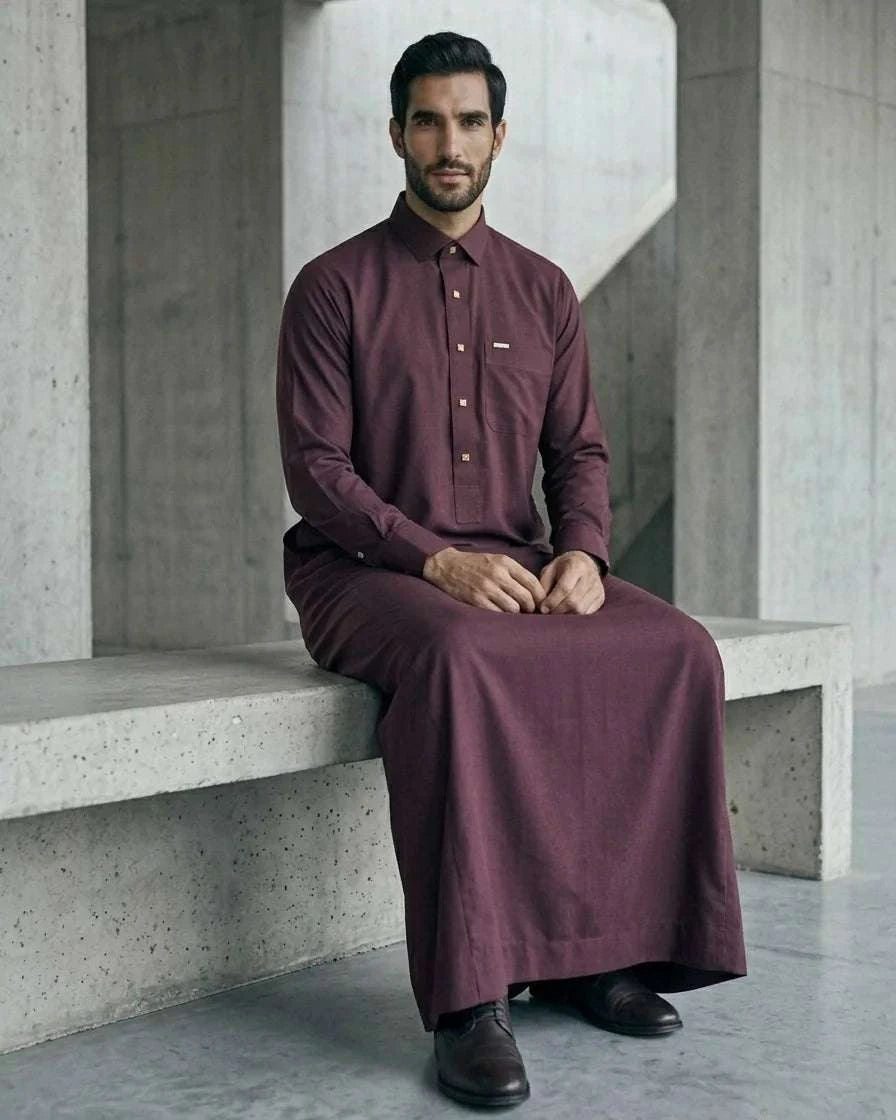 Maroon executive thobe with shirt collar for men, buttoned placket in close detail