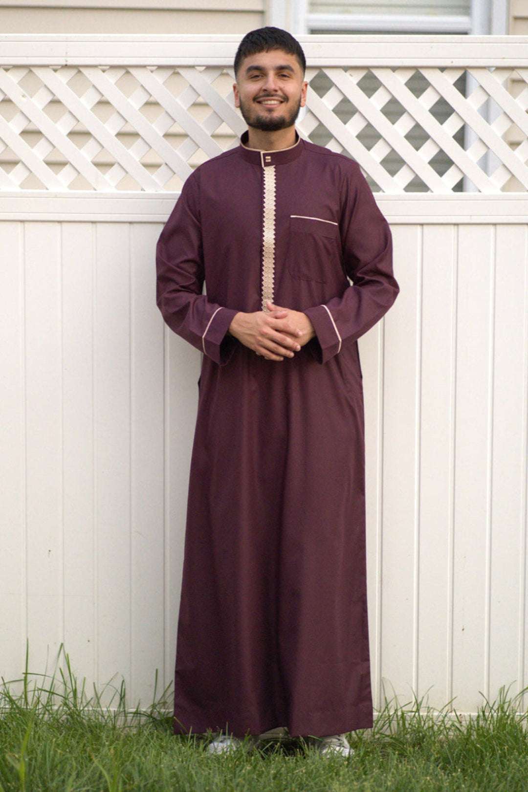 Maroon and gold embroidered thobe with mandarin collar for men, full front view