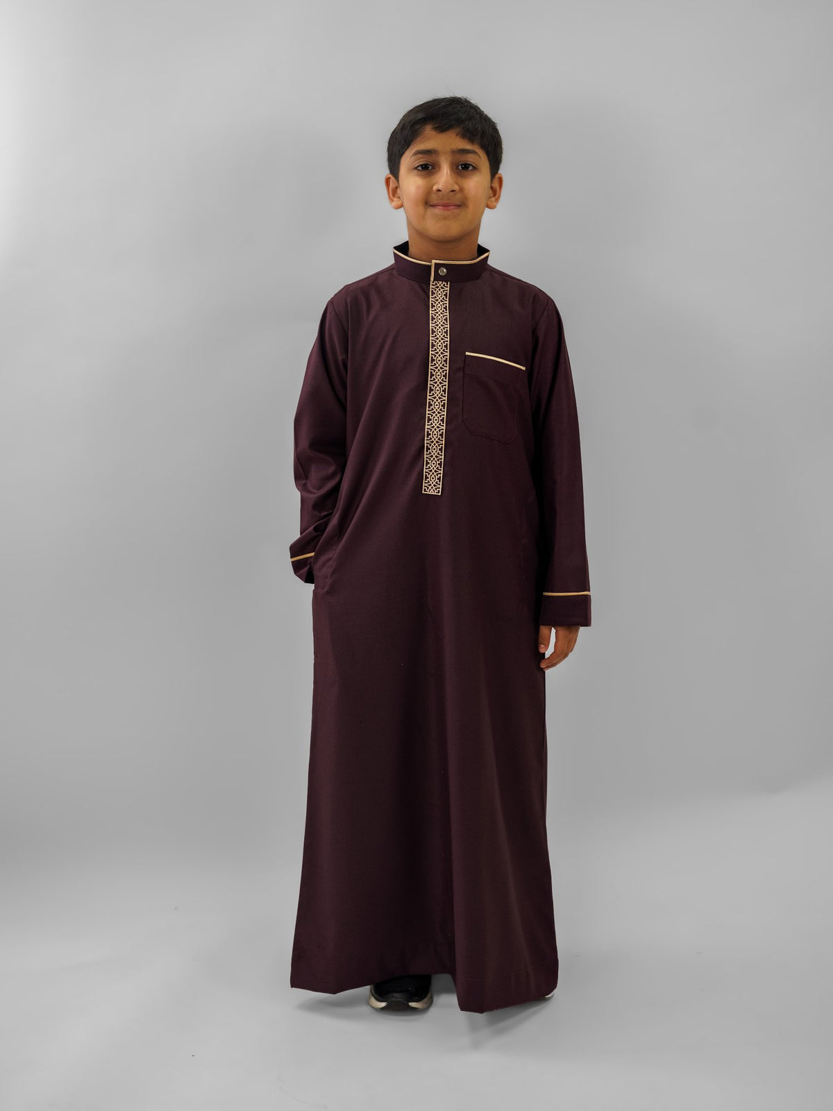 Maroon gold embroidered mandarin collar thobe for boys, full front view