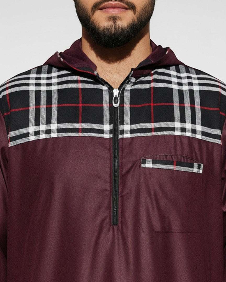 Maroon hoodie thobe with checkered pattern for men, showing the length and sleeve line