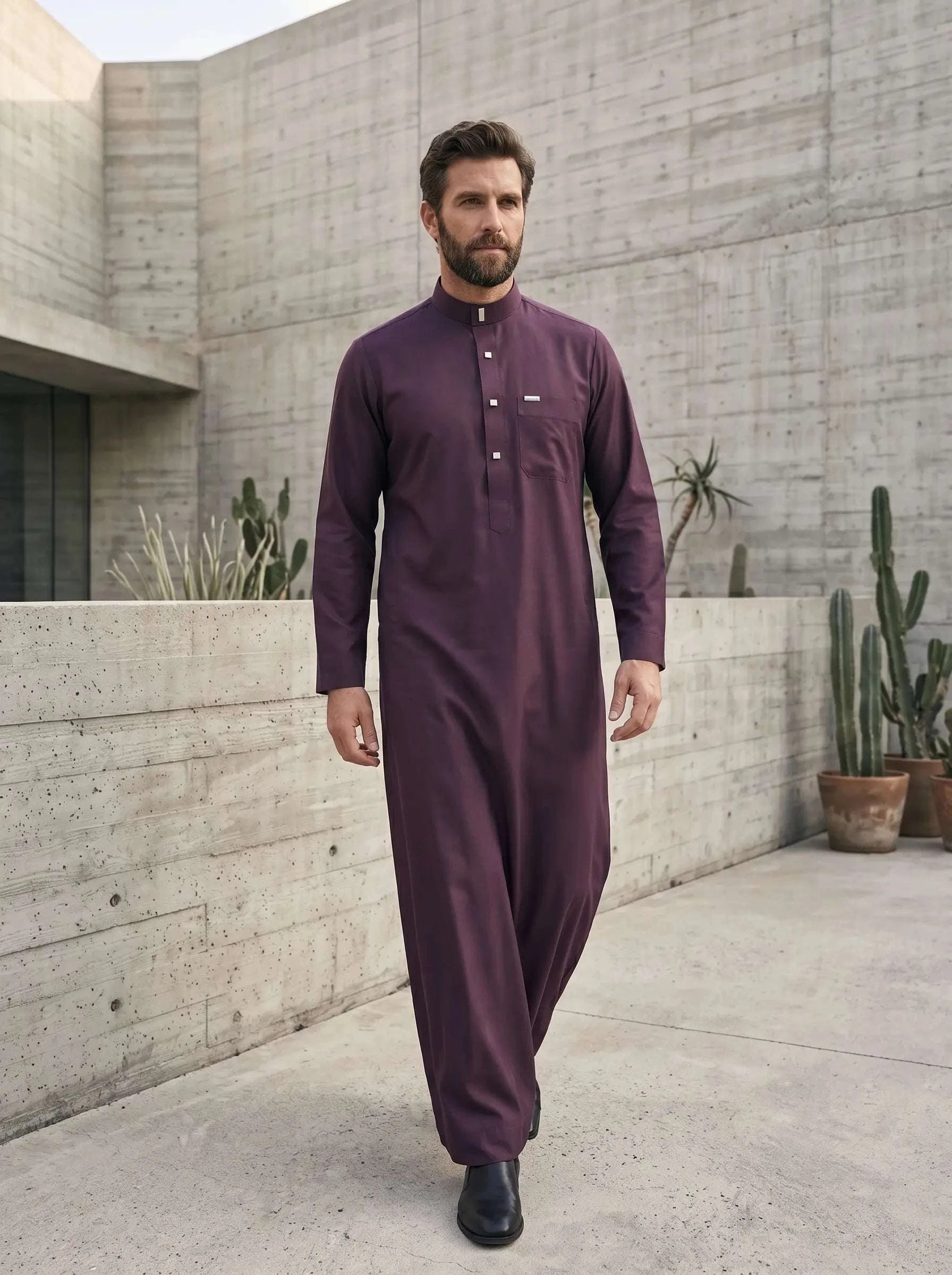 Maroon minimalist thobe for men, full front view