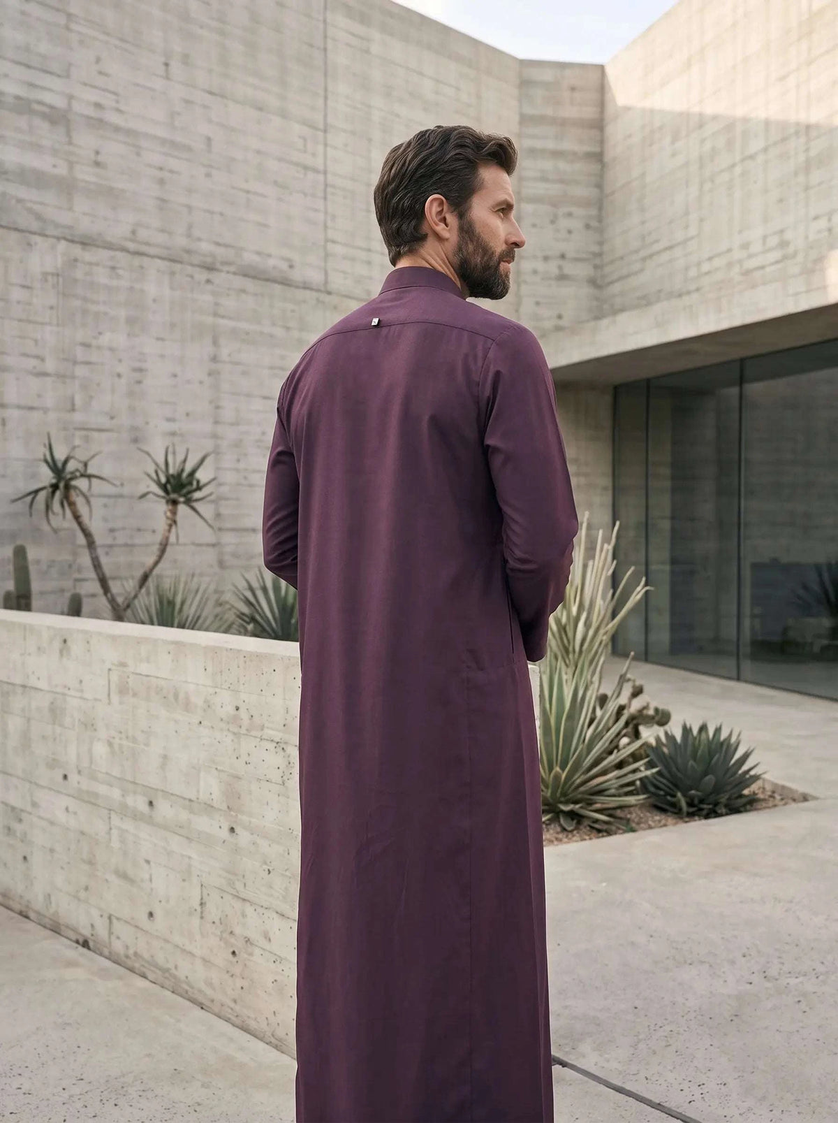 Maroon minimalist thobe for men, shown from the front