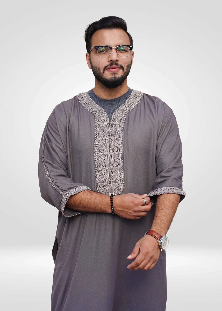 Mauve Gray & Silver Moroccan Thobe | Embroidered Men's Gandora