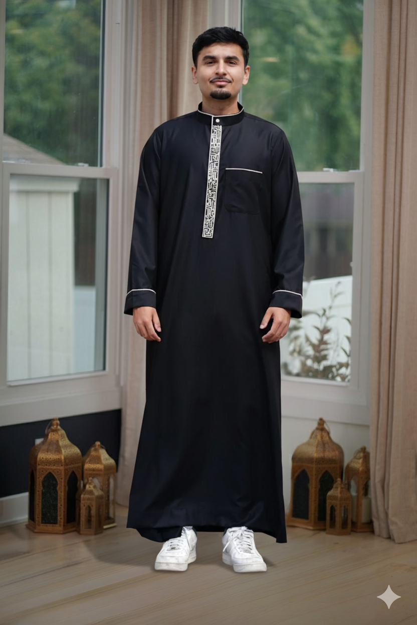 Front view of the Men's Black & Gold Embroidered Thobe designed for formal occasions and matching sets