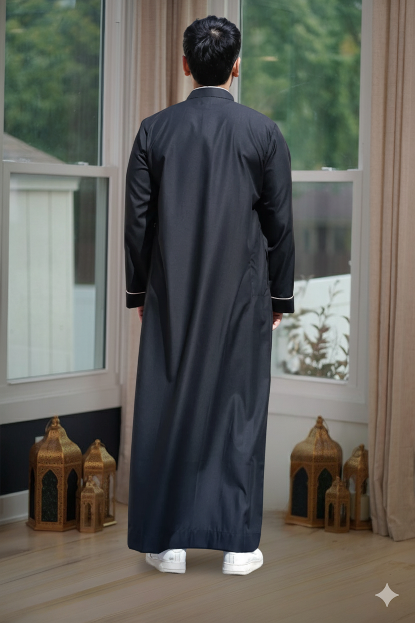 Back view of the Men's Black & Gold Embroidered Thobe highlighting the deep color and clean drape