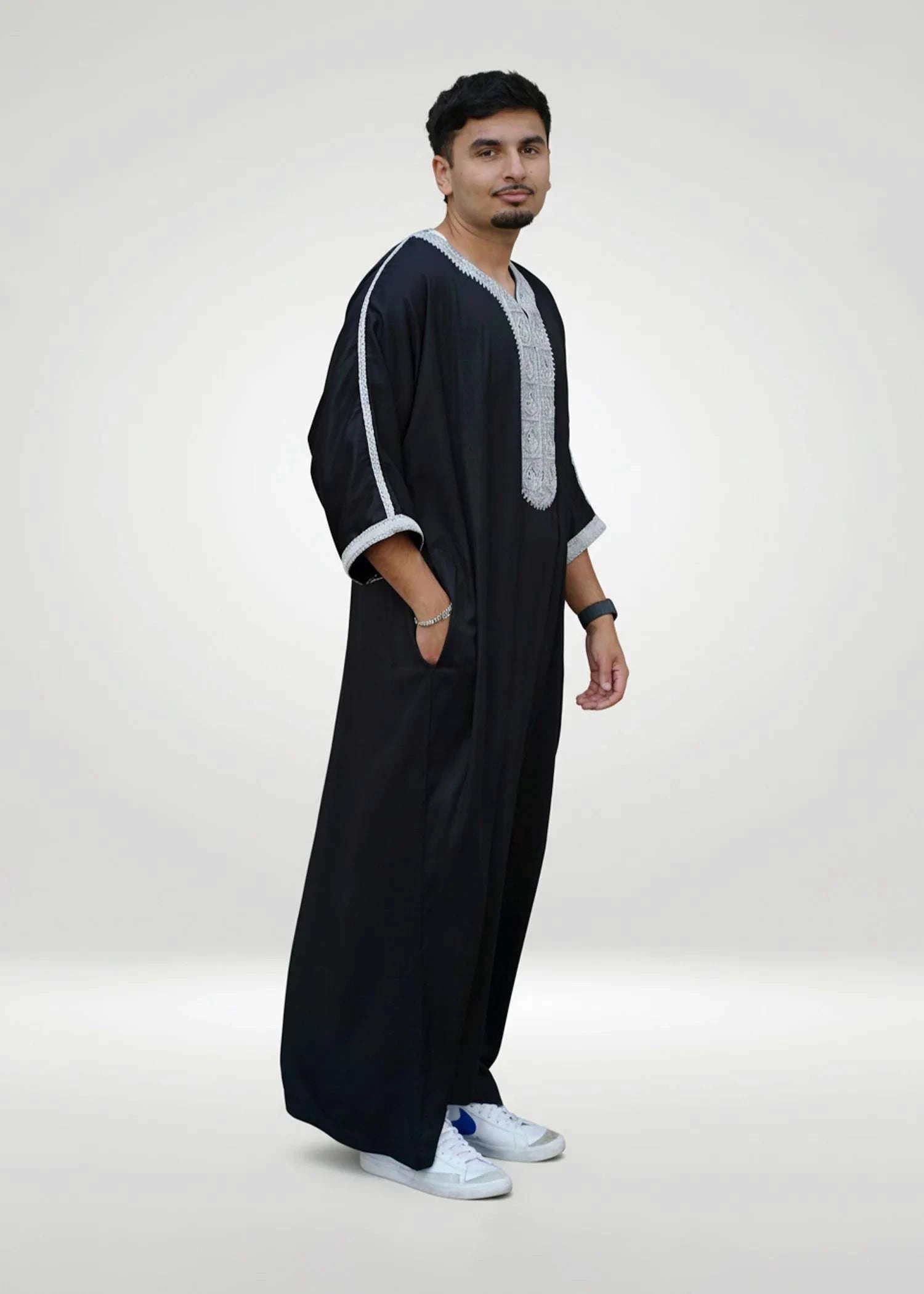 Back view of the Black & Silver Moroccan Thobe highlighting the clean silhouette and soft fabric
