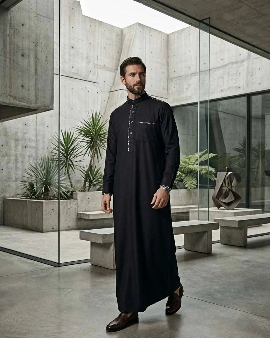 Premium Black Thobe with Mandarin Collar and Silver Embroidery