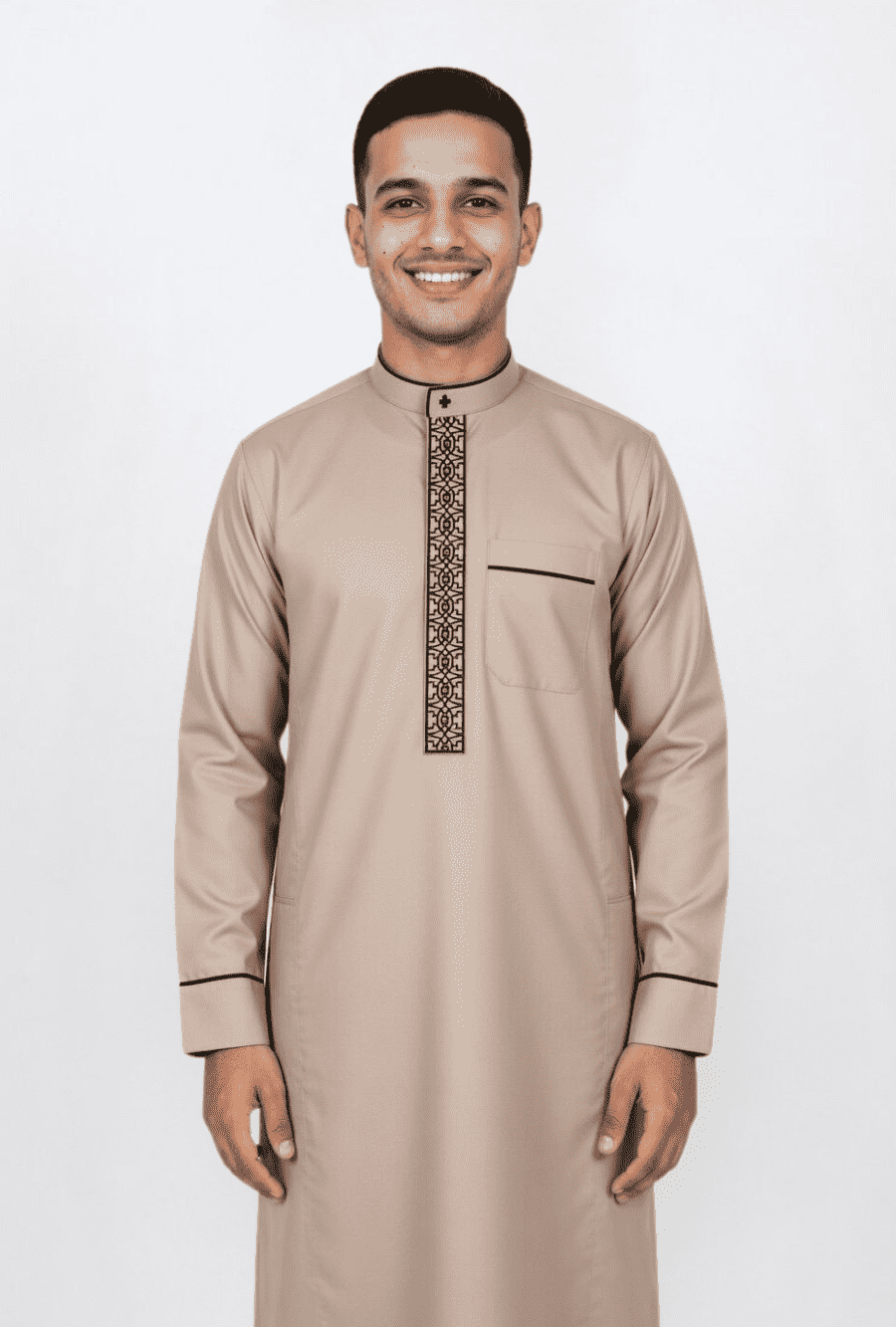 Men's sand beige honeycomb textured thobe with mandarin collar, front view