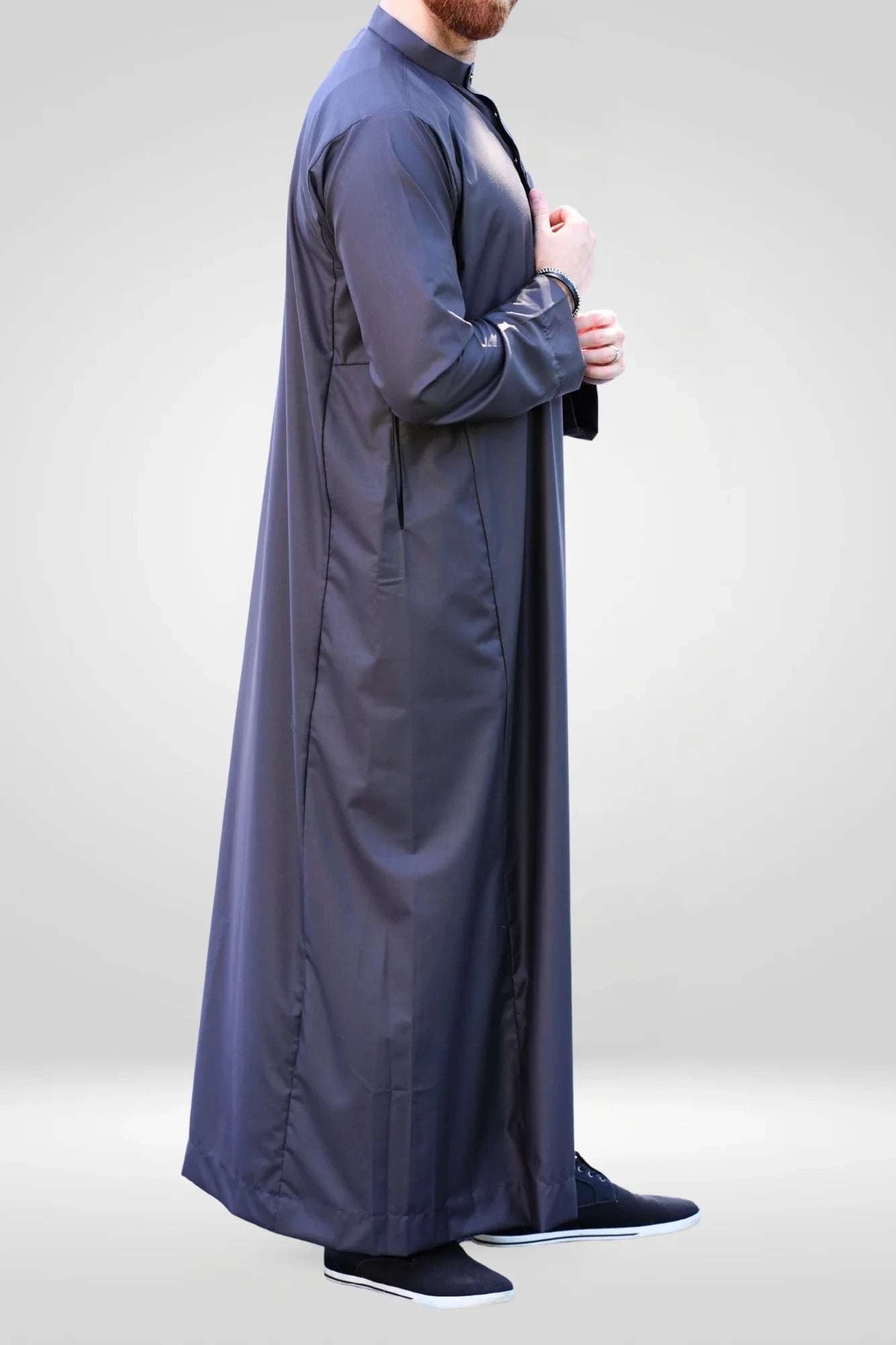 Back view of the Plain Charcoal Thobe highlighting the clean silhouette and relaxed fit