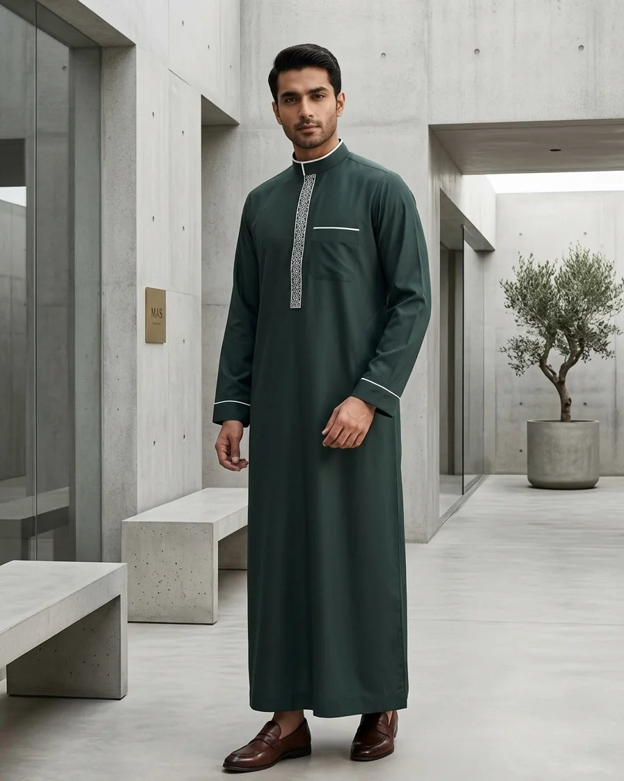 Premium Forest Green Thobe with Embroidery Placket and White Piping