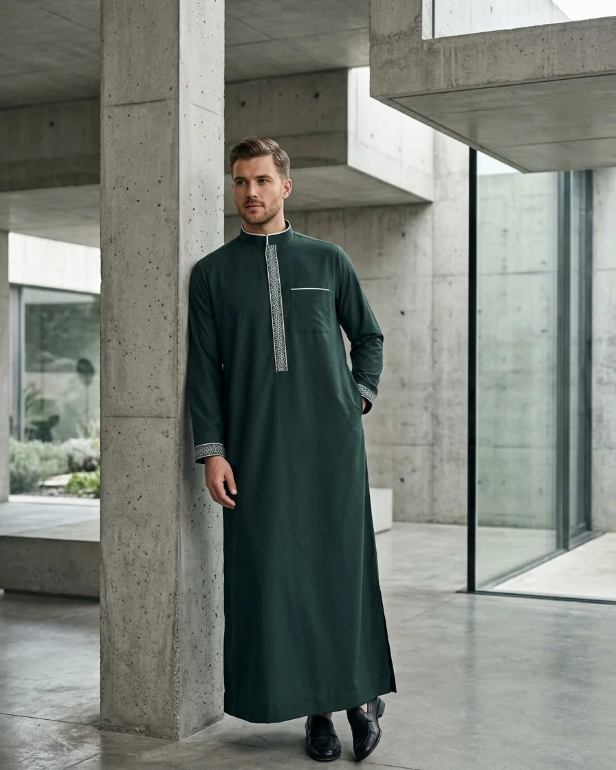 Premium Forest Green Thobe with Embroidery Placket and White Piping