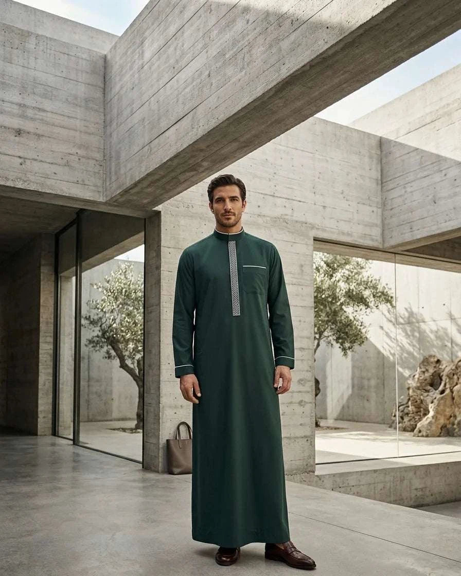 Men's forest green thobe, side view
