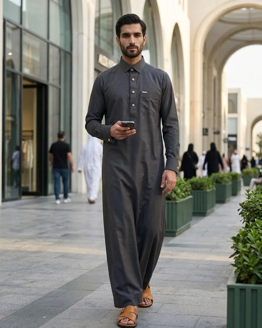 Man in graphite grey executive thobe with shirt collar walking on modern souk street holding phone, tan leather sandals — The Topiwala USA