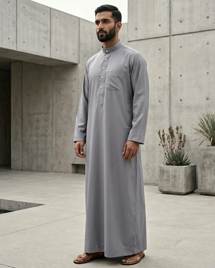 Premium Executive Silver Grey Thobe with Mandarin Collar