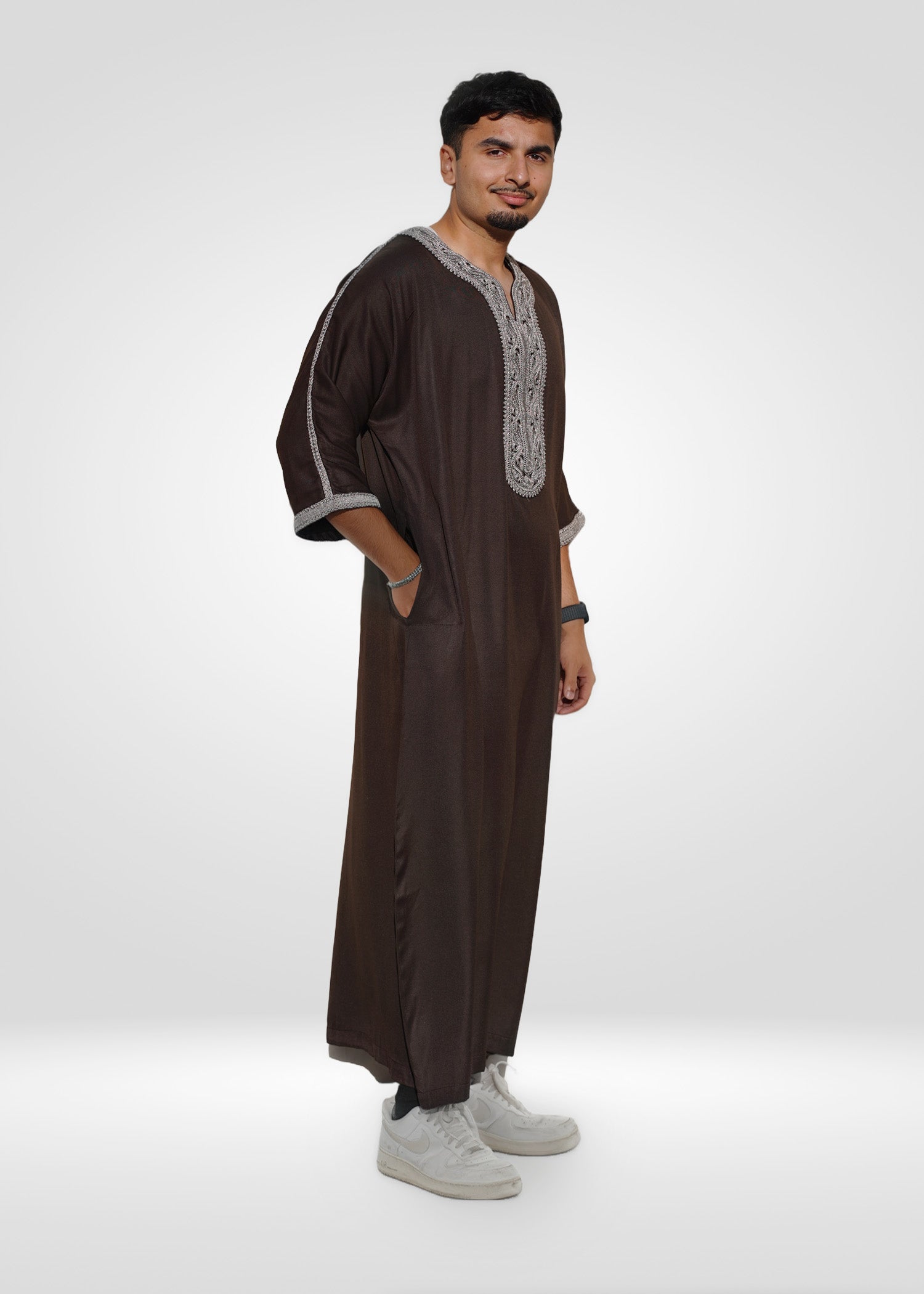 Back view of the Espresso Beans Moroccan Thobe highlighting the rich color and simple silhouette