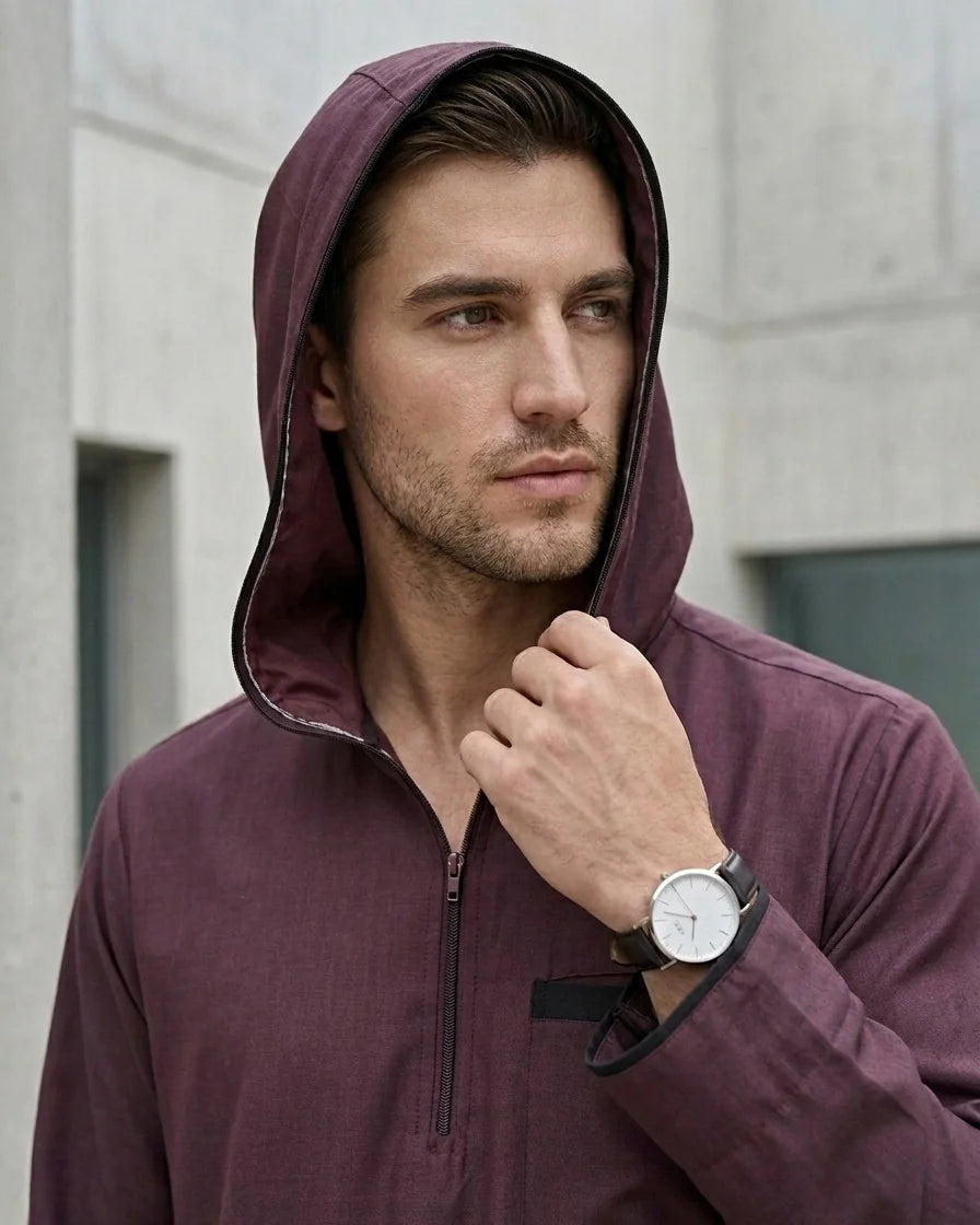 Premium Mulberry Plum Hooded Thobe with Quarter Zip
